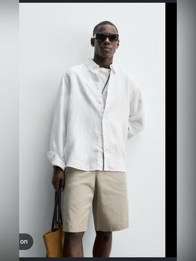 ZARA Linen 100% White Button Down Shirt Basic Modern , size Large